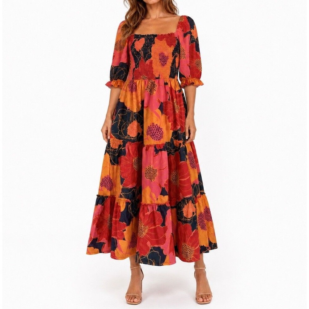 J.Marie Nora Maxi Dress Small Boho Smocked Ruffles Tiered Cottagecore
